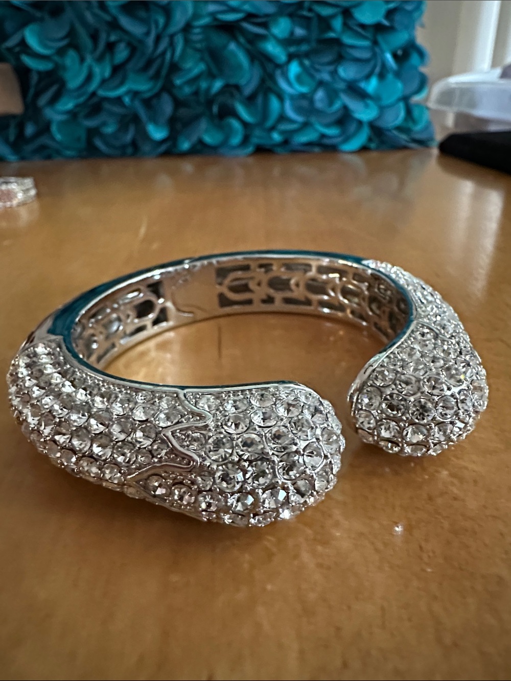 Joan Boyce Jumbo Kissable Pavé Hinged Cuff Bracelet - Silver Tone Bling M/L